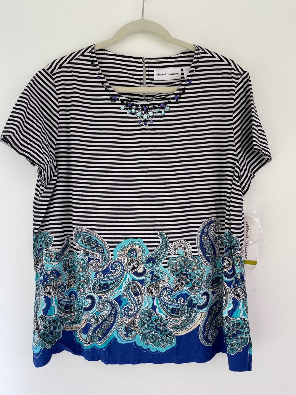 Alfred Dunner Black & White Striped Blouse with Blue Paisley Hem